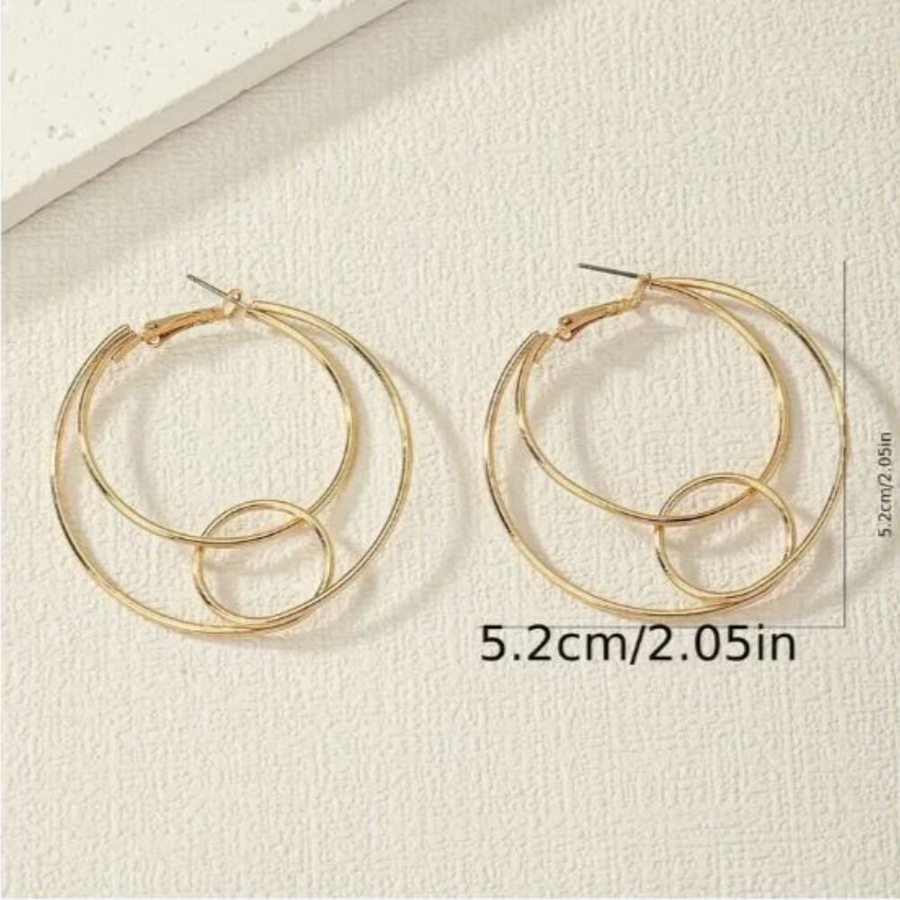 NEW Modernist Gold Plated Double Circle Hoop Earrings - Picture 4 of 4